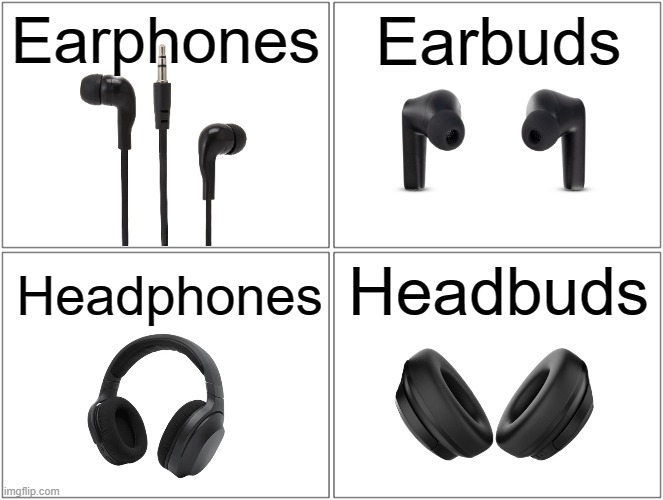 is this headbuds? | Earphones; Earbuds; Headbuds; Headphones | image tagged in memes,blank comic panel 2x2 | made w/ Imgflip meme maker