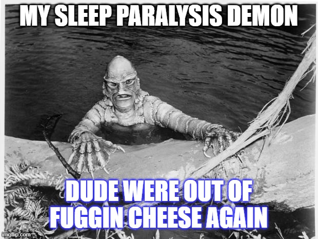 Creature From Black Lagoon | MY SLEEP PARALYSIS DEMON; DUDE WERE OUT OF FUGGIN CHEESE AGAIN | image tagged in creature from black lagoon | made w/ Imgflip meme maker