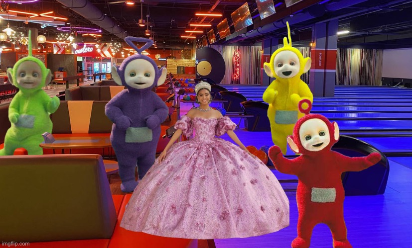 Girl in Formal Gown Goes Bowling with the Teletubbies | image tagged in beautiful girl,pretty girl,gorgeous,teletubbies,bowling,princess | made w/ Imgflip meme maker