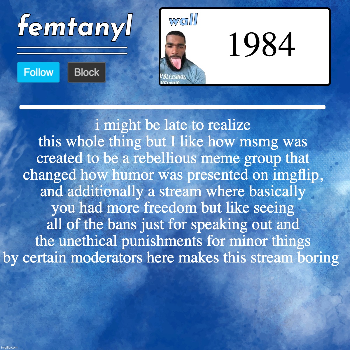 dystopian | 1984; i might be late to realize this whole thing but I like how msmg was created to be a rebellious meme group that changed how humor was presented on imgflip, and additionally a stream where basically you had more freedom but like seeing all of the bans just for speaking out and the unethical punishments for minor things by certain moderators here makes this stream boring | image tagged in femtanyl's template | made w/ Imgflip meme maker