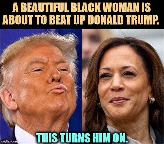 He thinks she's beautiful and wants to sleep with her. Sorry, DonOld, she's taken. | A BEAUTIFUL BLACK WOMAN IS ABOUT TO BEAT UP DONALD TRUMP. THIS TURNS HIM ON. | image tagged in kamala harris is about to beat up donald trump this excites him,kamala harris,beat up,donald trump,excited,turned on | made w/ Imgflip meme maker