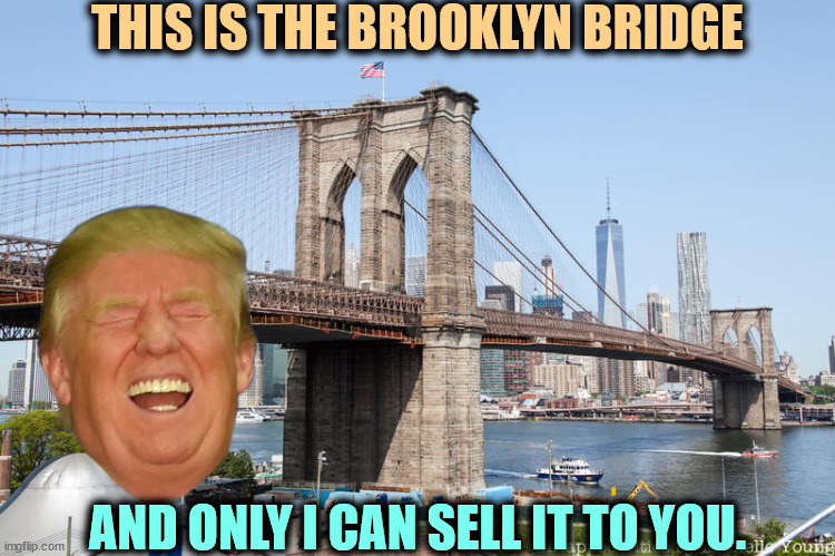 Don the Con. | THIS IS THE BROOKLYN BRIDGE; AND ONLY I CAN SELL IT TO YOU. | image tagged in brooklyn bridge,sell,donald trump,con man,cheat,sleaze | made w/ Imgflip meme maker