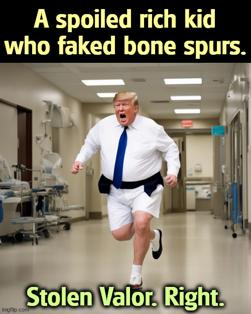 Draft Dodger. Stolen Valor. | A spoiled rich kid who faked bone spurs. Stolen Valor. Right. | image tagged in trump,spoiled,rich kids,fake,injuries | made w/ Imgflip meme maker