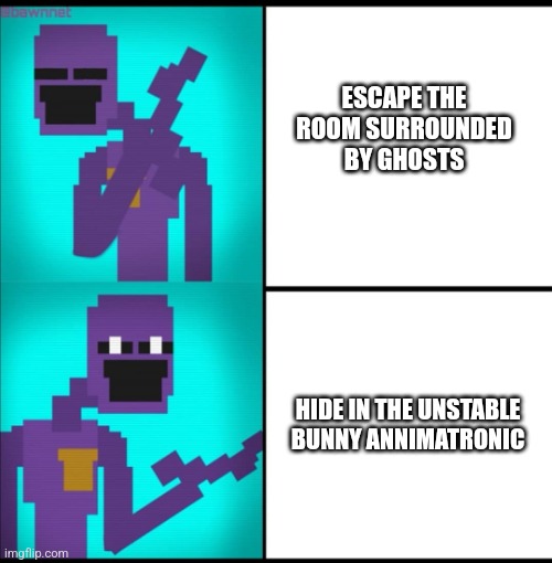 Drake Hotline Bling Meme FNAF EDITION | ESCAPE THE ROOM SURROUNDED BY GHOSTS; HIDE IN THE UNSTABLE BUNNY ANNIMATRONIC | image tagged in drake hotline bling meme fnaf edition | made w/ Imgflip meme maker