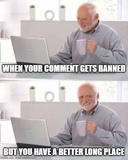 Hide the Pain Harold | WHEN YOUR COMMENT GETS BANNED; BUT YOU HAVE A BETTER LONG PLACE | image tagged in memes,hide the pain harold,ai meme | made w/ Imgflip meme maker