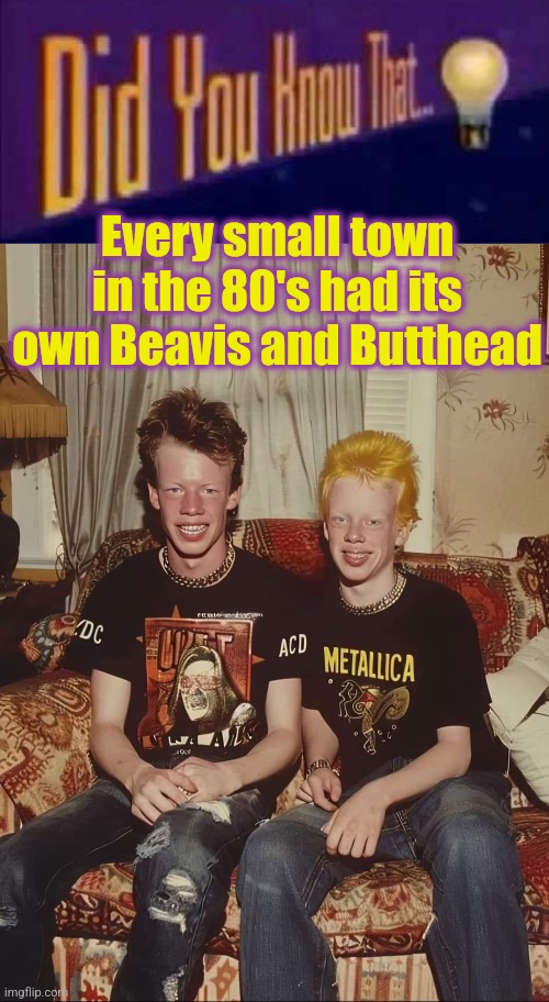 Old school | Every small town in the 80's had its own Beavis and Butthead | image tagged in did you know that,beavis and butthead,80's,heavy metal,real life,cartoons | made w/ Imgflip meme maker