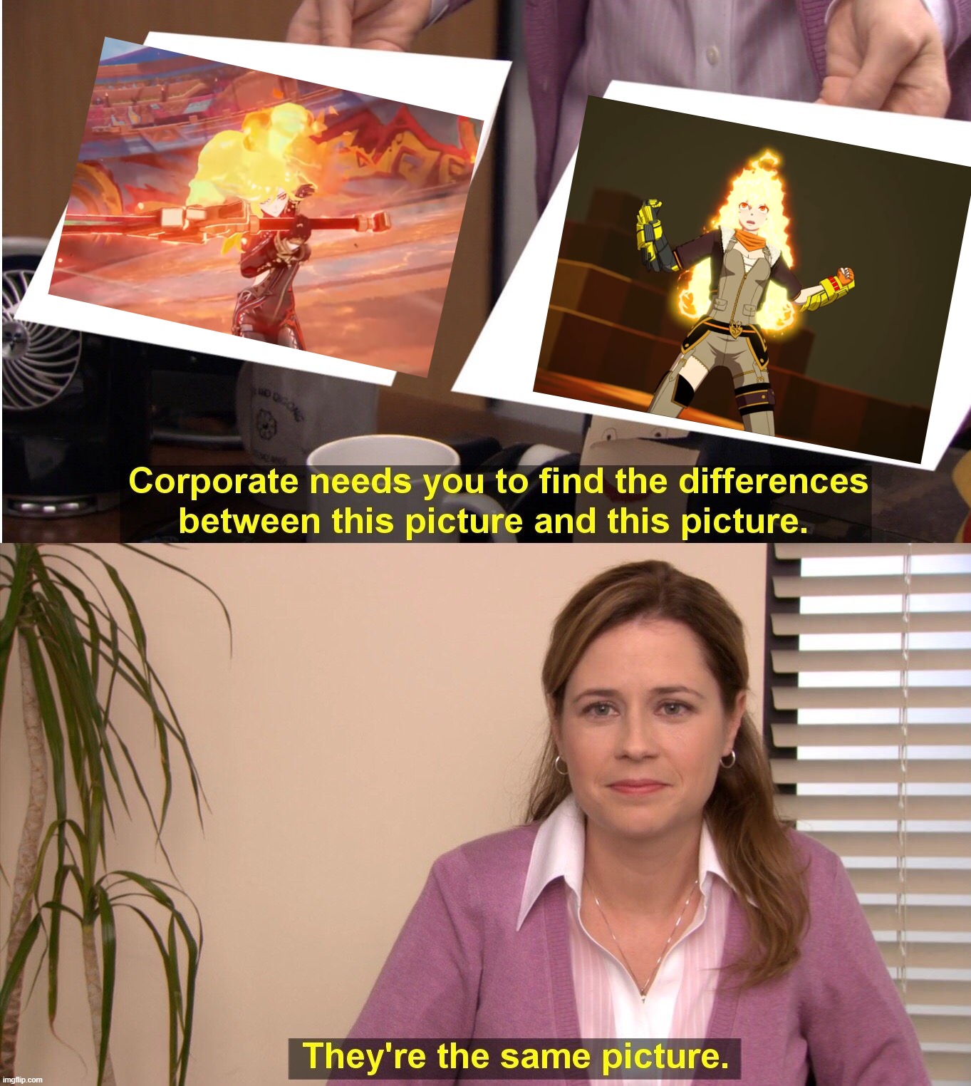 hotheads | image tagged in memes,they're the same picture,genshin impact,navuika,yang xiao long,rwby | made w/ Imgflip meme maker