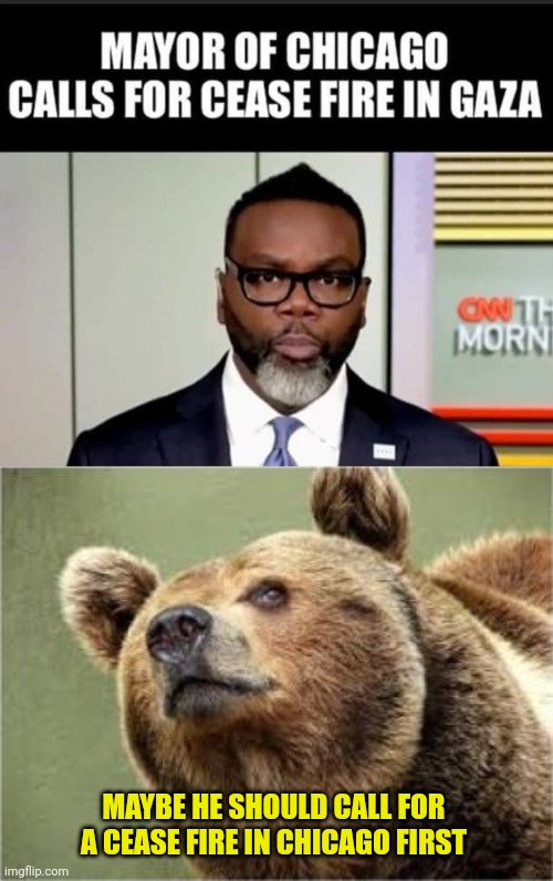 MAYBE HE SHOULD CALL FOR A CEASE FIRE IN CHICAGO FIRST | image tagged in memes,smug bear | made w/ Imgflip meme maker