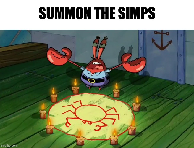 mr crabs summons pray circle | SUMMON THE SIMPS | image tagged in mr crabs summons pray circle | made w/ Imgflip meme maker