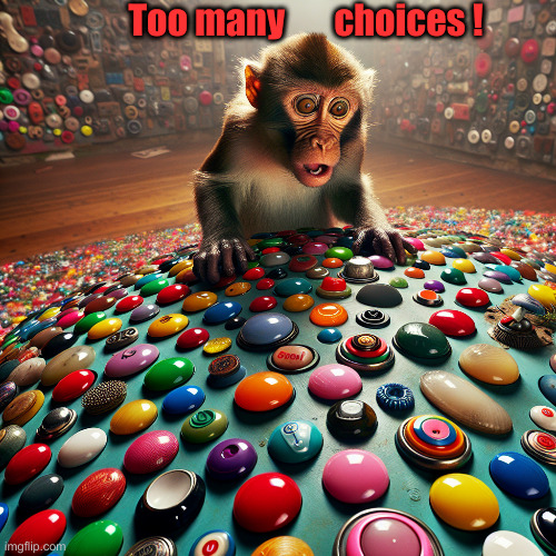 Buttons Monkey | Too many       choices ! | image tagged in buttons monkey | made w/ Imgflip meme maker
