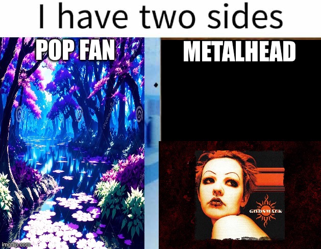 :] | POP FAN; METALHEAD | image tagged in i have two sides | made w/ Imgflip meme maker