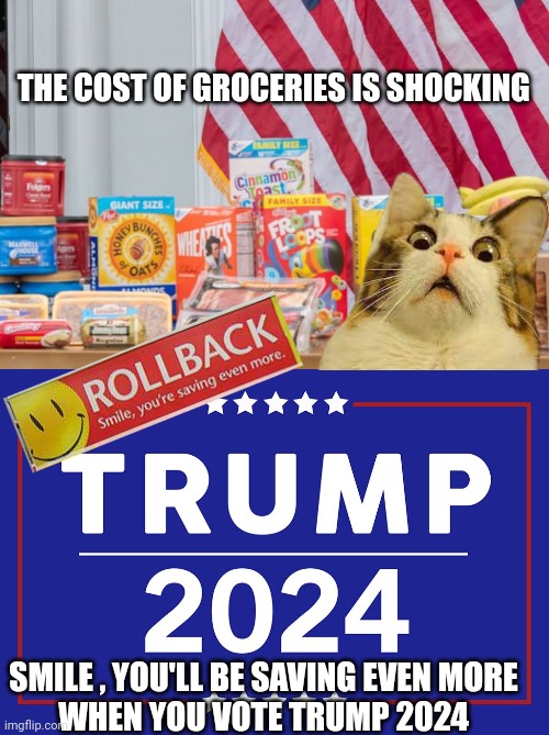 Trump 2024 | THE COST OF GROCERIES IS SHOCKING; SMILE , YOU'LL BE SAVING EVEN MORE 
WHEN YOU VOTE TRUMP 2024 | image tagged in donald trump | made w/ Imgflip meme maker