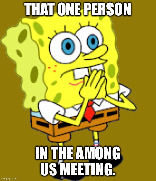 SpongeBob being serious | THAT ONE PERSON; IN THE AMONG US MEETING. | image tagged in spongebob being serious | made w/ Imgflip meme maker