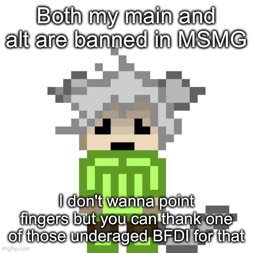 (Comments disabled by chaws) | Both my main and alt are banned in MSMG; I don't wanna point fingers but you can thank one of those underaged BFDI for that | image tagged in neko sad png | made w/ Imgflip meme maker