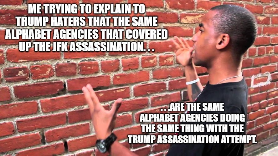 Why do I even bother to try? | ME TRYING TO EXPLAIN TO TRUMP HATERS THAT THE SAME ALPHABET AGENCIES THAT COVERED UP THE JFK ASSASSINATION. . . . . .ARE THE SAME ALPHABET AGENCIES DOING THE SAME THING WITH THE TRUMP ASSASSINATION ATTEMPT. | image tagged in talking to wall,assassination,jfk,donald trump,politics | made w/ Imgflip meme maker