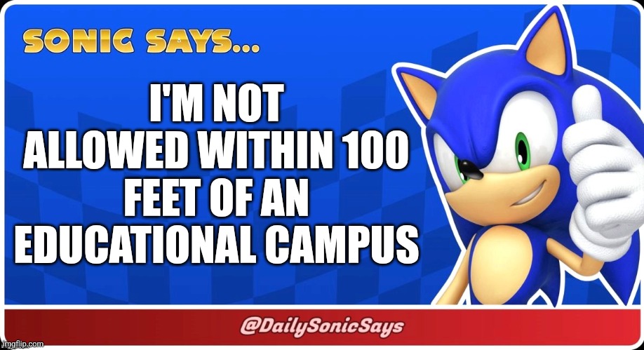 Sonic Says #3 | I'M NOT ALLOWED WITHIN 100 FEET OF AN EDUCATIONAL CAMPUS | image tagged in sonic says | made w/ Imgflip meme maker