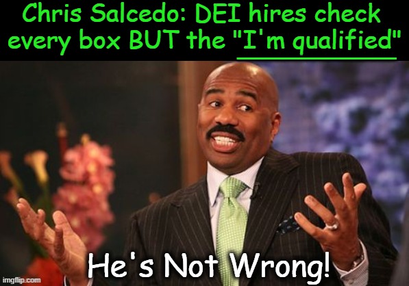 Any day can be your wedding day, if you just lower your standards enough. | Chris Salcedo: DEI hires check 
every box BUT the "I'm qualified"; _______; He's Not Wrong! | image tagged in political humor,simple,truth,equality,american excellence,professionals have standards | made w/ Imgflip meme maker