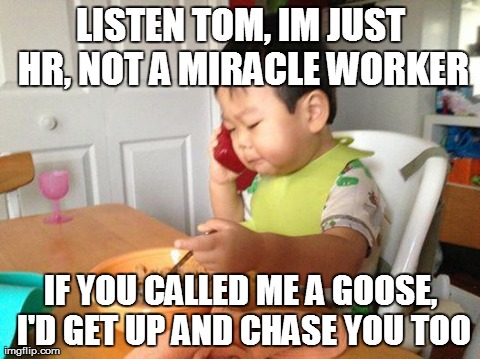 No Bullshit Business Baby Meme | LISTEN TOM, IM JUST HR, NOT A MIRACLE WORKER IF YOU CALLED ME A GOOSE, I'D GET UP AND CHASE YOU TOO | image tagged in memes,no bullshit business baby,AdviceAnimals | made w/ Imgflip meme maker