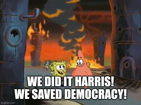 "We did it, Patrick! We saved the City!" | WE DID IT HARRIS! WE SAVED DEMOCRACY! | image tagged in we did it patrick we saved the city | made w/ Imgflip meme maker