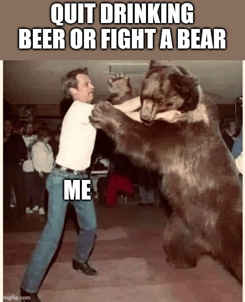 Quit drinking | QUIT DRINKING BEER OR FIGHT A BEAR; ME | image tagged in beach,hold my beer | made w/ Imgflip meme maker