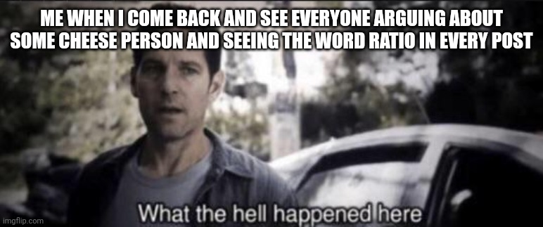 What the hell happened here | ME WHEN I COME BACK AND SEE EVERYONE ARGUING ABOUT SOME CHEESE PERSON AND SEEING THE WORD RATIO IN EVERY POST | image tagged in what the hell happened here | made w/ Imgflip meme maker