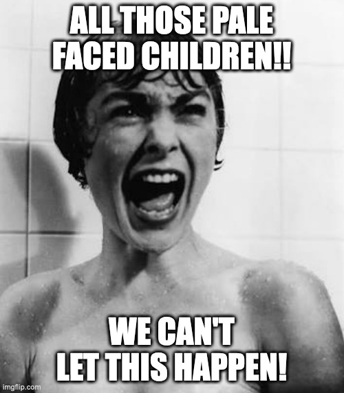 Horror movie  | ALL THOSE PALE FACED CHILDREN!! WE CAN'T LET THIS HAPPEN! | image tagged in horror movie | made w/ Imgflip meme maker