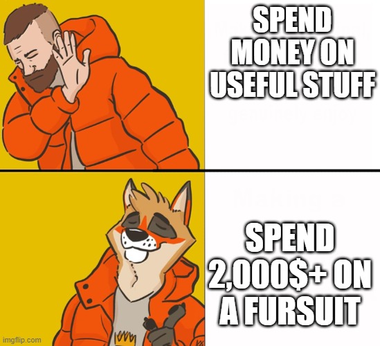 real | SPEND MONEY ON USEFUL STUFF; SPEND 2,000$+ ON A FURSUIT | image tagged in furry drake | made w/ Imgflip meme maker