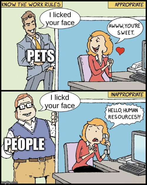 idk if this counts as NSFW or not but here ya go | I licked your face; PETS; I lickd your face; PEOPLE | image tagged in hello human resources,memes | made w/ Imgflip meme maker