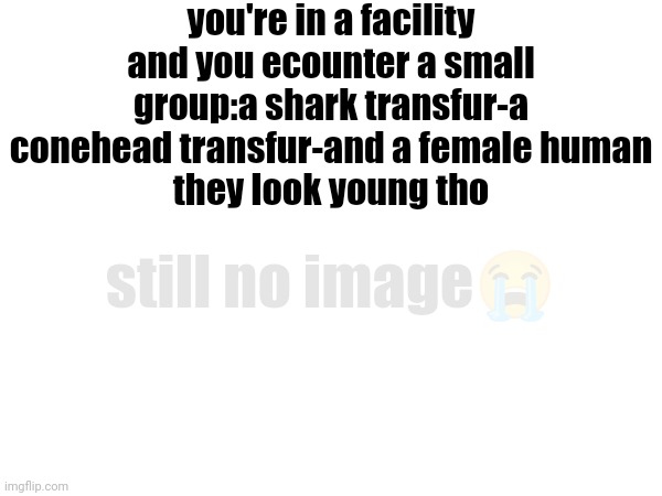 rp | you're in a facility and you ecounter a small group:a shark transfur-a conehead transfur-and a female human
they look young tho; still no image😭 | made w/ Imgflip meme maker