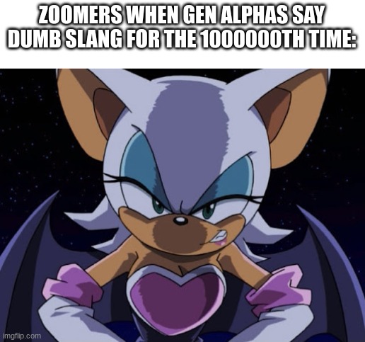 Angry Rouge | ZOOMERS WHEN GEN ALPHAS SAY DUMB SLANG FOR THE 1000000TH TIME: | image tagged in angry rouge | made w/ Imgflip meme maker