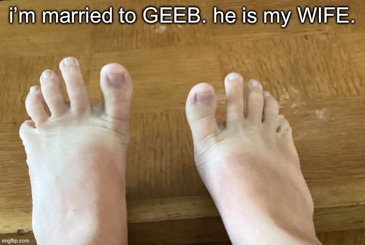 fyi | i’m married to GEEB. he is my WIFE. | image tagged in icyxd feet v4 | made w/ Imgflip meme maker