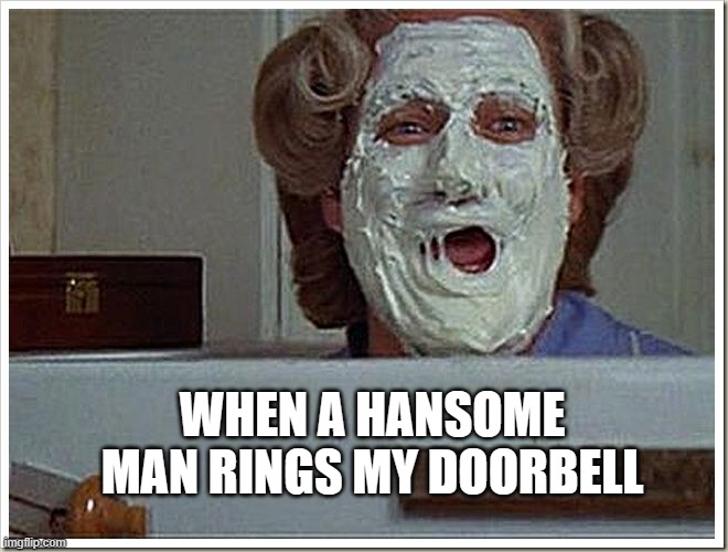 Mrs Doubtfire | WHEN A HANSOME MAN RINGS MY DOORBELL | image tagged in mrs doubtfire | made w/ Imgflip meme maker