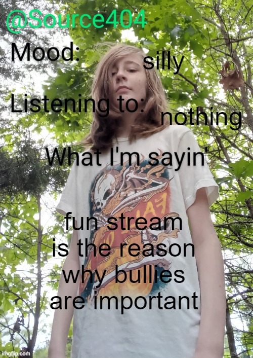 Source's temp | silly; nothing; fun stream is the reason why bullies are important | image tagged in source's temp | made w/ Imgflip meme maker