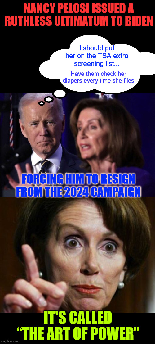 This is what they call "democracy" | NANCY PELOSI ISSUED A RUTHLESS ULTIMATUM TO BIDEN; I should put her on the TSA extra screening list... Have them check her diapers every time she flies; FORCING HIM TO RESIGN FROM THE 2024 CAMPAIGN; IT'S CALLED “THE ART OF POWER” | image tagged in joe biden,nancy pelosi,you have no say,stupid sheeple | made w/ Imgflip meme maker