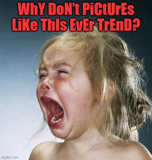 WhY DoN’t PiCtUrEs LiKe ThIs EvEr TrEnD? | WhY DoN’t PiCtUrEs LiKe ThIs EvEr TrEnD? | image tagged in little girl screaming | made w/ Imgflip meme maker