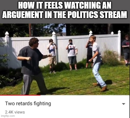 Two retards fighting | HOW IT FEELS WATCHING AN ARGUEMENT IN THE POLITICS STREAM | made w/ Imgflip meme maker