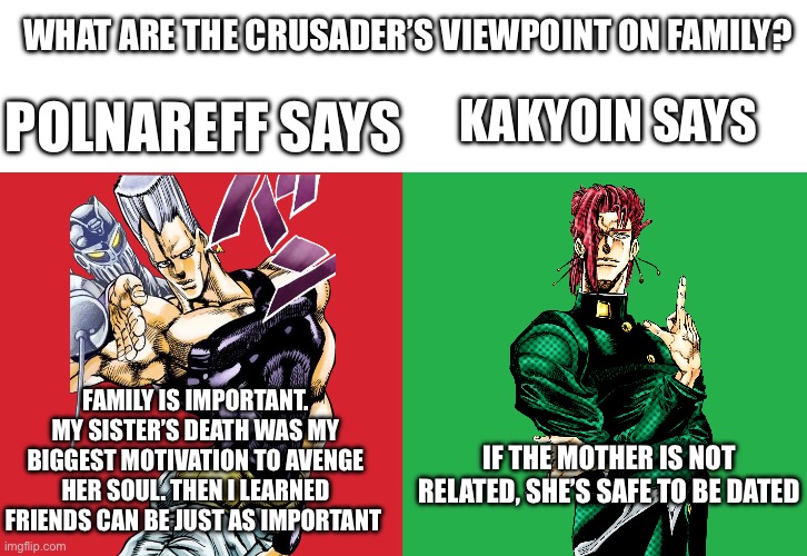 Family has different meanings to some people | WHAT ARE THE CRUSADER’S VIEWPOINT ON FAMILY? POLNAREFF SAYS; KAKYOIN SAYS; FAMILY IS IMPORTANT. MY SISTER’S DEATH WAS MY BIGGEST MOTIVATION TO AVENGE HER SOUL. THEN I LEARNED FRIENDS CAN BE JUST AS IMPORTANT; IF THE MOTHER IS NOT RELATED, SHE’S SAFE TO BE DATED | image tagged in jojo's bizarre adventure | made w/ Imgflip meme maker