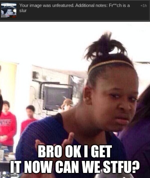 like wtfff | BRO OK I GET IT NOW CAN WE STFU? | image tagged in memes,black girl wat | made w/ Imgflip meme maker