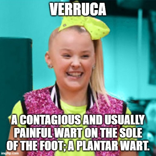 Jojo siwa | VERRUCA; A CONTAGIOUS AND USUALLY PAINFUL WART ON THE SOLE OF THE FOOT; A PLANTAR WART. | image tagged in jojo siwa | made w/ Imgflip meme maker