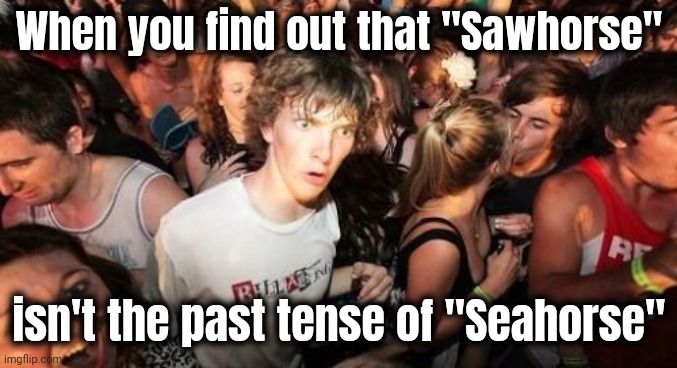 "I came , I saw , I left" - Alfred E. Neumann | When you find out that "Sawhorse"; isn't the past tense of "Seahorse" | image tagged in memes,sudden clarity clarence,seafood,not even once,diets,so you mean to tell me | made w/ Imgflip meme maker