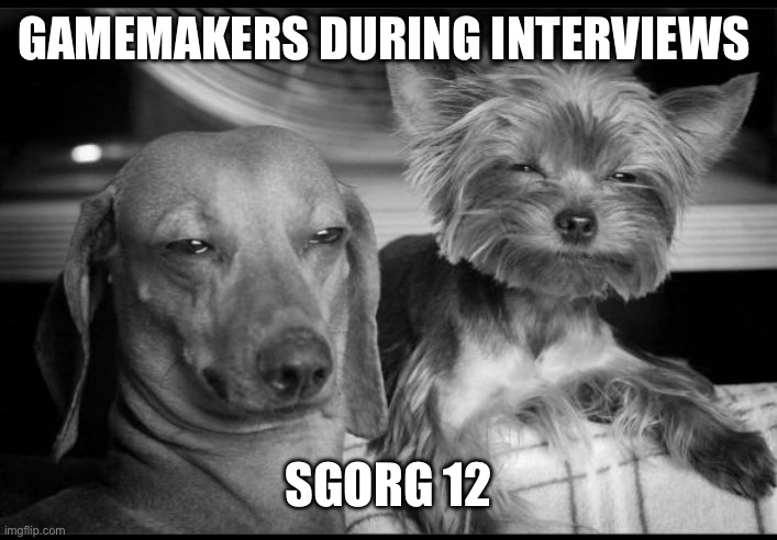 Sgorg 12 | GAMEMAKERS DURING INTERVIEWS; SGORG 12 | image tagged in dogs | made w/ Imgflip meme maker