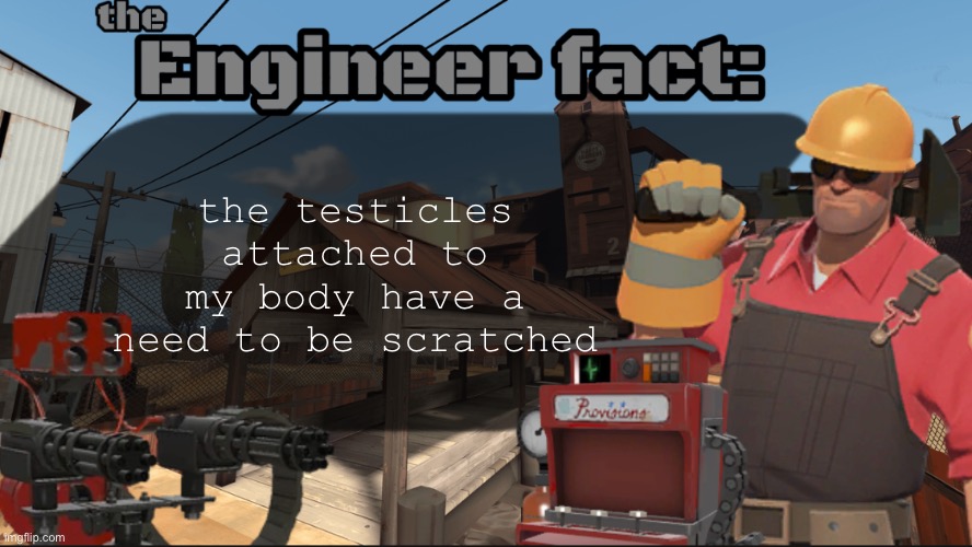 Engineer fact | the testicles attached to my body have a need to be scratched | image tagged in engineer fact | made w/ Imgflip meme maker