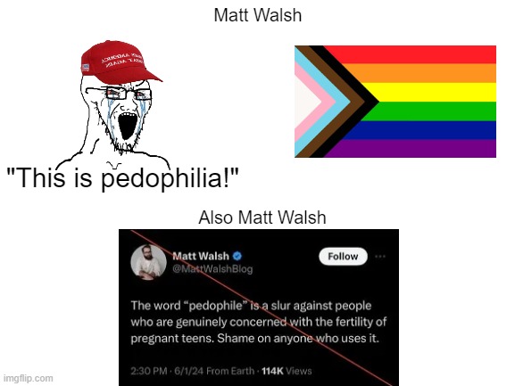 Blank White Template | Matt Walsh; "This is pedophilia!"; Also Matt Walsh | image tagged in blank white template,homophobia,conservative hypocrisy,pedophile | made w/ Imgflip meme maker