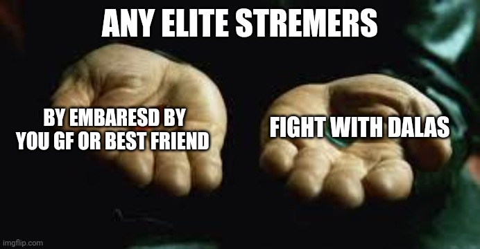 Red Pill Blue Pill | ANY ELITE STREMERS; BY EMBARESD BY YOU GF OR BEST FRIEND; FIGHT WITH DALAS | image tagged in red pill blue pill | made w/ Imgflip meme maker