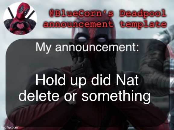 BlueCorn’s Deadpool temp | Hold up did Nat delete or something | image tagged in bluecorn s deadpool temp | made w/ Imgflip meme maker