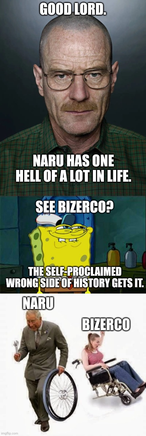 GOOD LORD. NARU HAS ONE HELL OF A LOT IN LIFE. SEE BIZERCO? THE SELF-PROCLAIMED WRONG SIDE OF HISTORY GETS IT. NARU; BIZERCO | image tagged in jesse we need to x,memes,don't you squidward,wheel steal | made w/ Imgflip meme maker