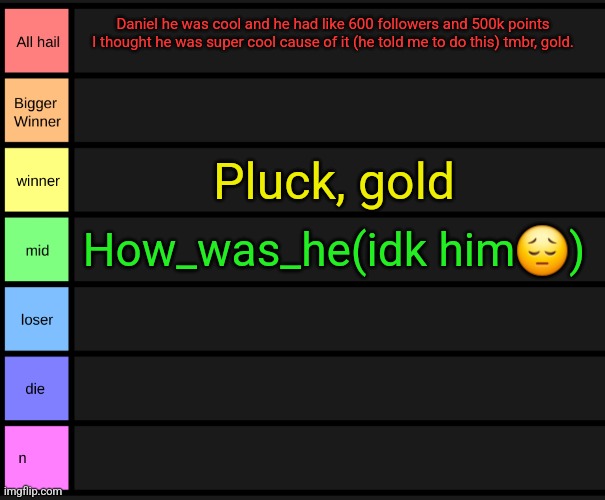 yoshi's tier list | Daniel he was cool and he had like 600 followers and 500k points I thought he was super cool cause of it (he told me to do this) tmbr, gold. Pluck, gold; How_was_he(idk him😔) | image tagged in yoshi's tier list | made w/ Imgflip meme maker