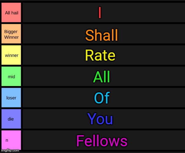 yoshi's tier list | I; Shall; Rate; All; Of; You; Fellows | image tagged in yoshi's tier list | made w/ Imgflip meme maker