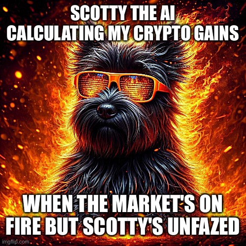 Scotty the AI | SCOTTY THE AI CALCULATING MY CRYPTO GAINS; WHEN THE MARKET'S ON FIRE BUT SCOTTY'S UNFAZED | image tagged in scotty the ai | made w/ Imgflip meme maker