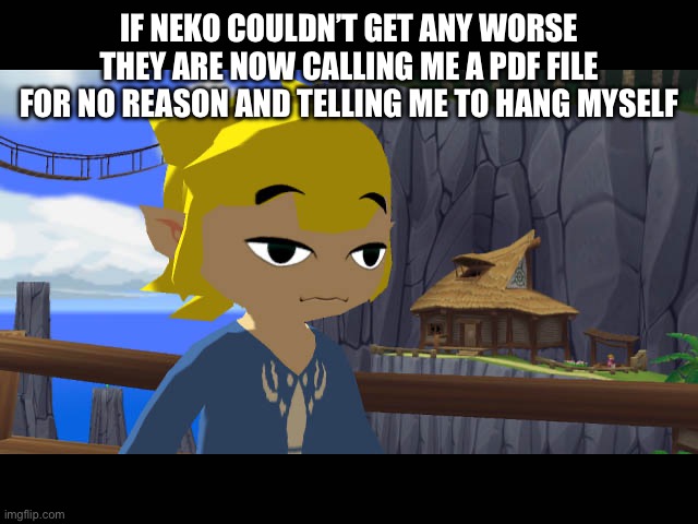 High Toon Link | IF NEKO COULDN’T GET ANY WORSE THEY ARE NOW CALLING ME A PDF FILE FOR NO REASON AND TELLING ME TO HANG MYSELF | image tagged in high toon link | made w/ Imgflip meme maker